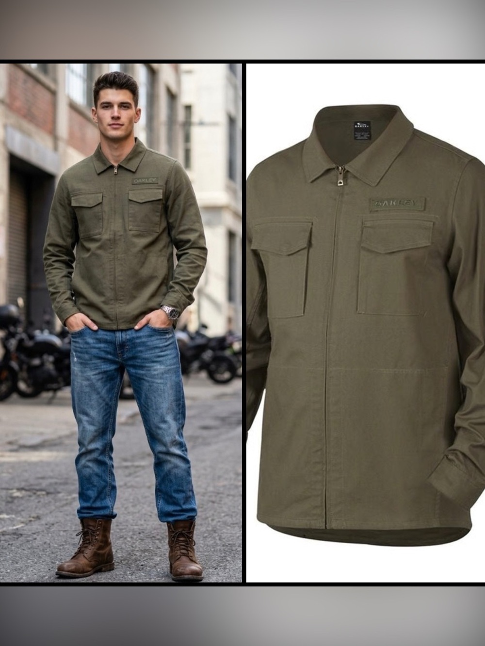Oakley Sergeant Full Zip Canvas Military Utility Olive Green Logo Shirt Jacket L
